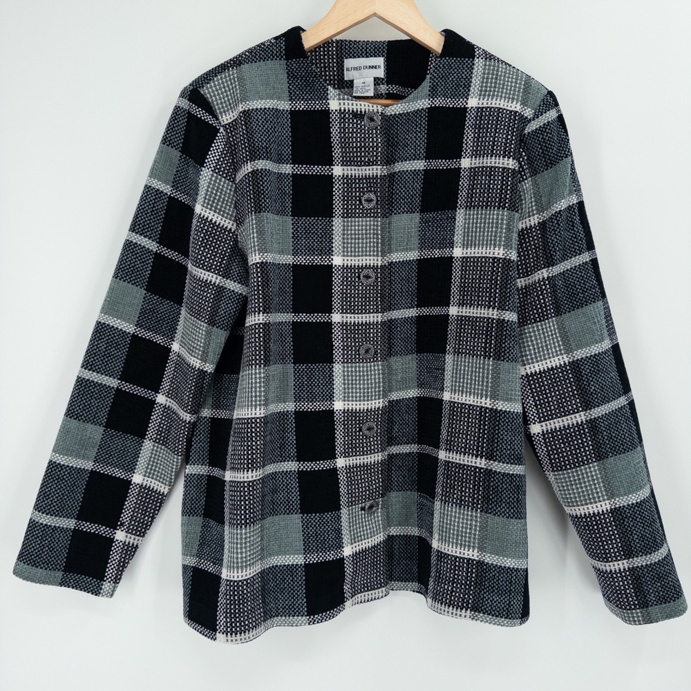 Vintage Alfred Dunner Black Gray Plaid Gingham Jacket Sz 14 Granny Cottage Retro